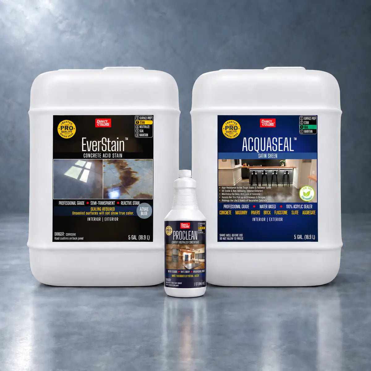 EverStain™ Acid Stain in Azure Blue with ProClean Neutralizer™ and AcquaSeal™ Satin, 5 gallon 3-step kit