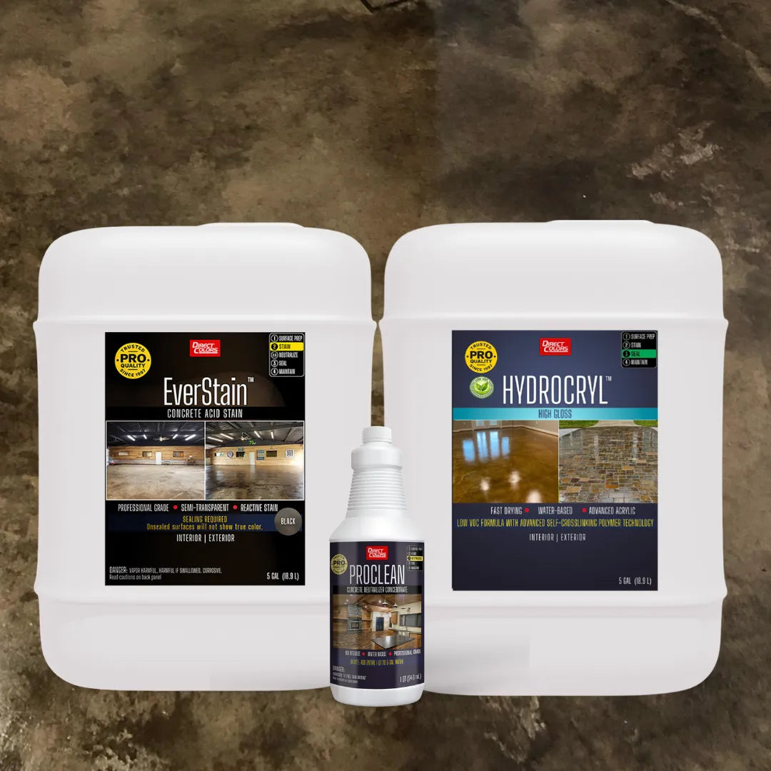 A concrete professional applying a Direct Colors floor coating beside contractor-size products
