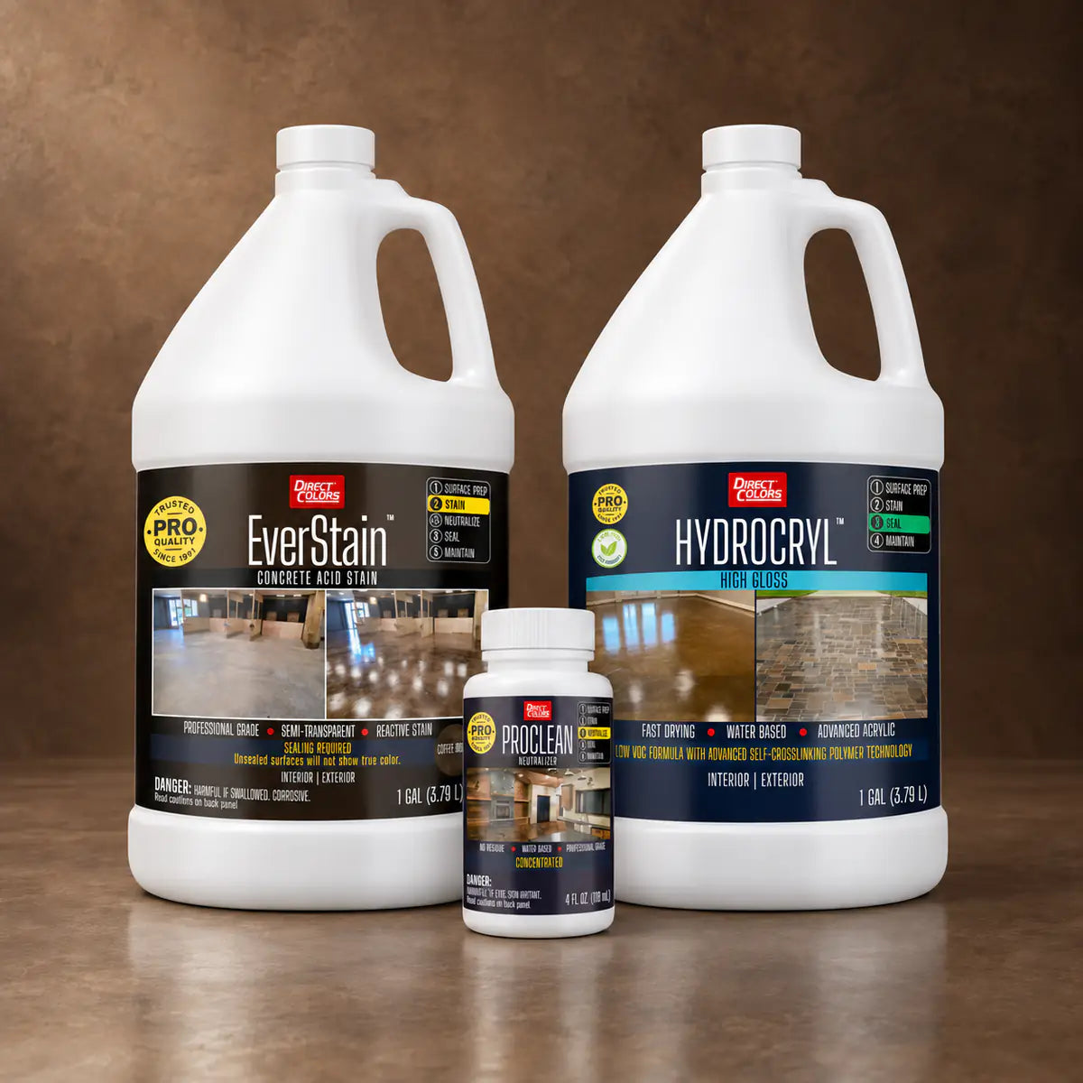 EverStain™ Acid Stain in Coffee Brown with ProClean Neutralizer™ and HydroCryl™ High Gloss, 1 gallon 3-step kit