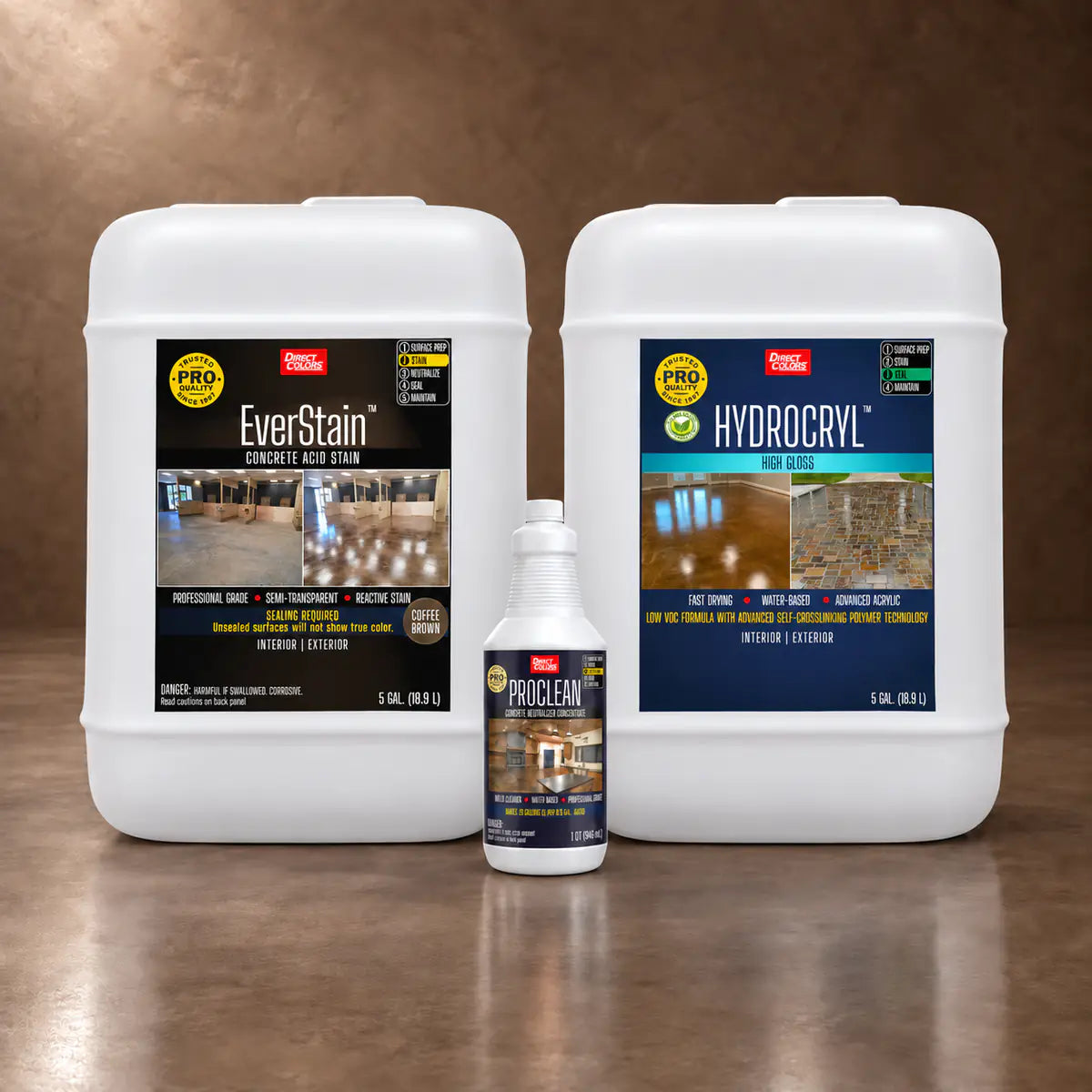 EverStain™ Acid Stain in Coffee Brown with ProClean Neutralizer™ and HydroCryl™ High Gloss, 5 gallon 3-step kit