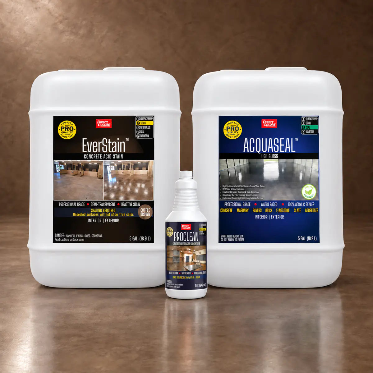 EverStain™ Acid Stain in Coffee Brown with ProClean Neutralizer™ and AcquaSeal™ High Gloss, 5 gallon 3-step kit