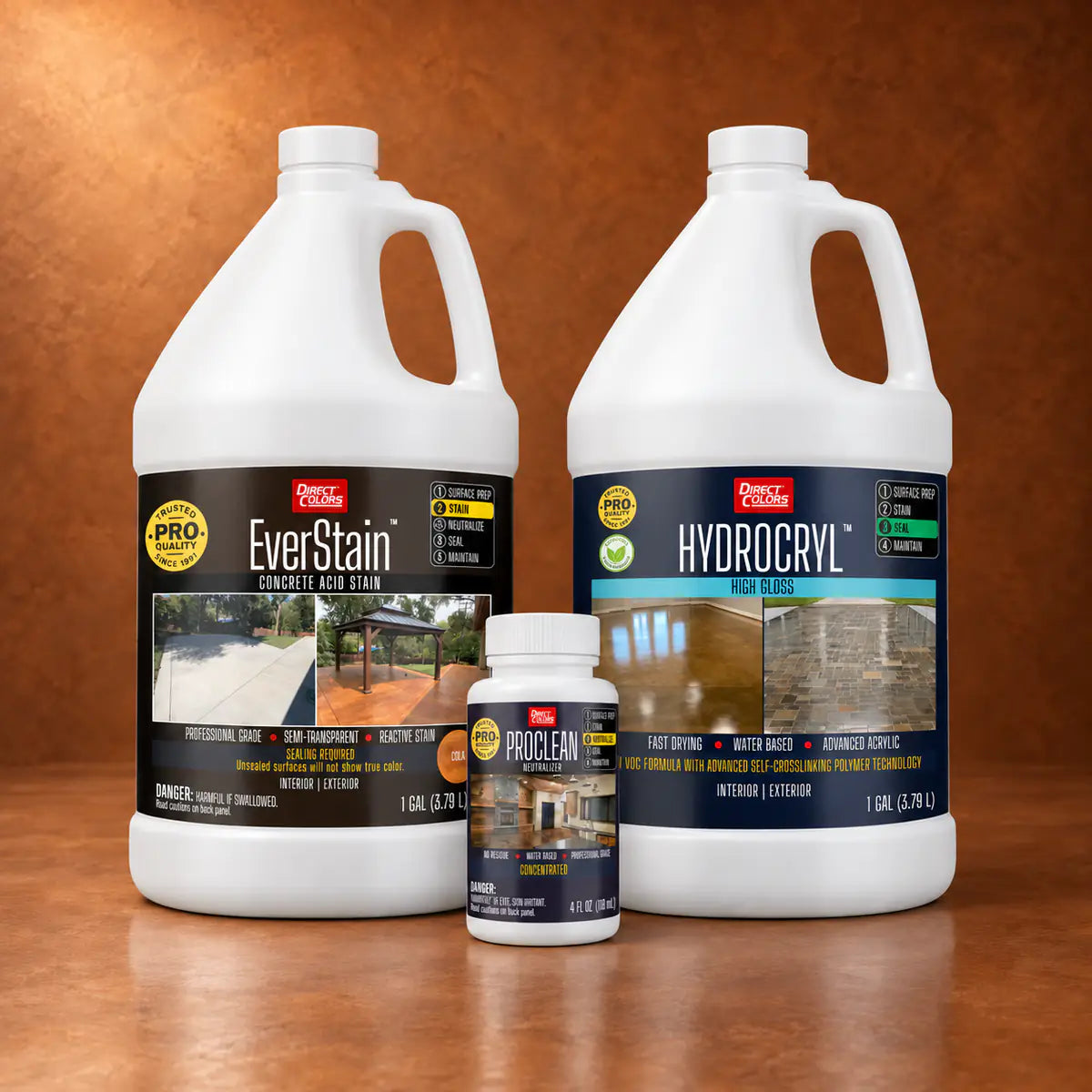 EverStain™ Acid Stain in Cola with ProClean Neutralizer™ and HydroCryl™ High Gloss, 1 gallon 3-step kit