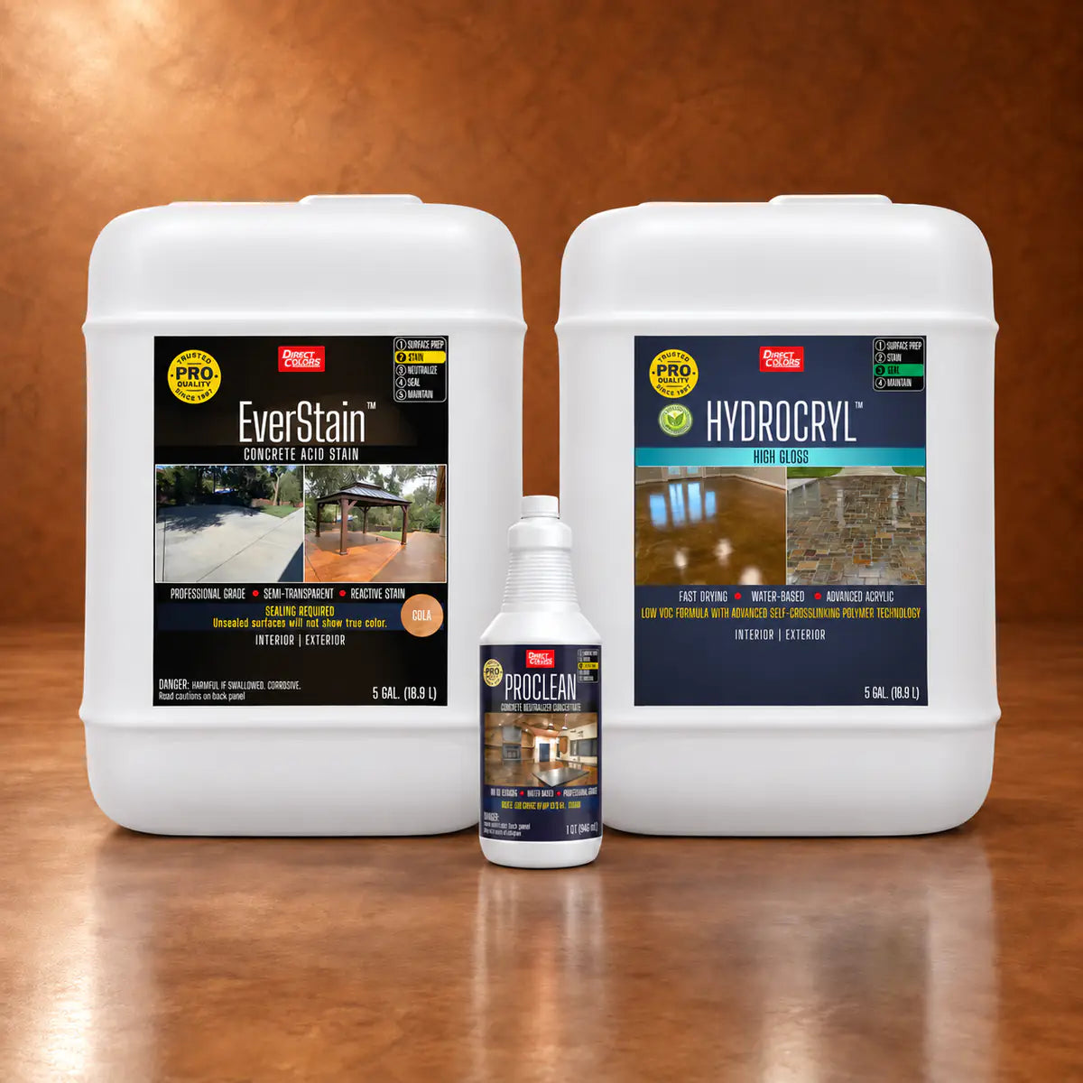 EverStain™ Acid Stain in Cola with ProClean Neutralizer™ and HydroCryl™ High Gloss, 5 gallon 3-step kit