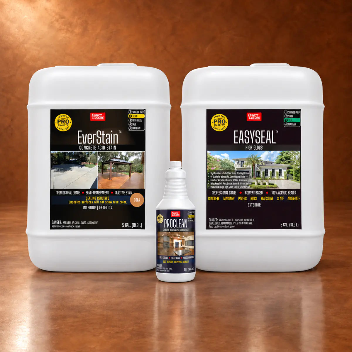 EverStain™ Acid Stain in Cola with ProClean Neutralizer™ and EasySeal™ High Gloss, 5 gallon 3-step kit