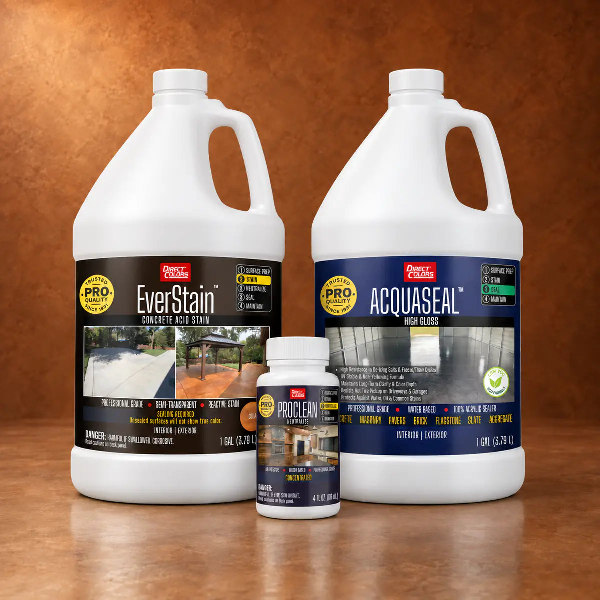 EverStain™ Acid Stain in Cola with ProClean Neutralizer™ and AcquaSeal™ High Gloss, 1 gallon 3-step kit
