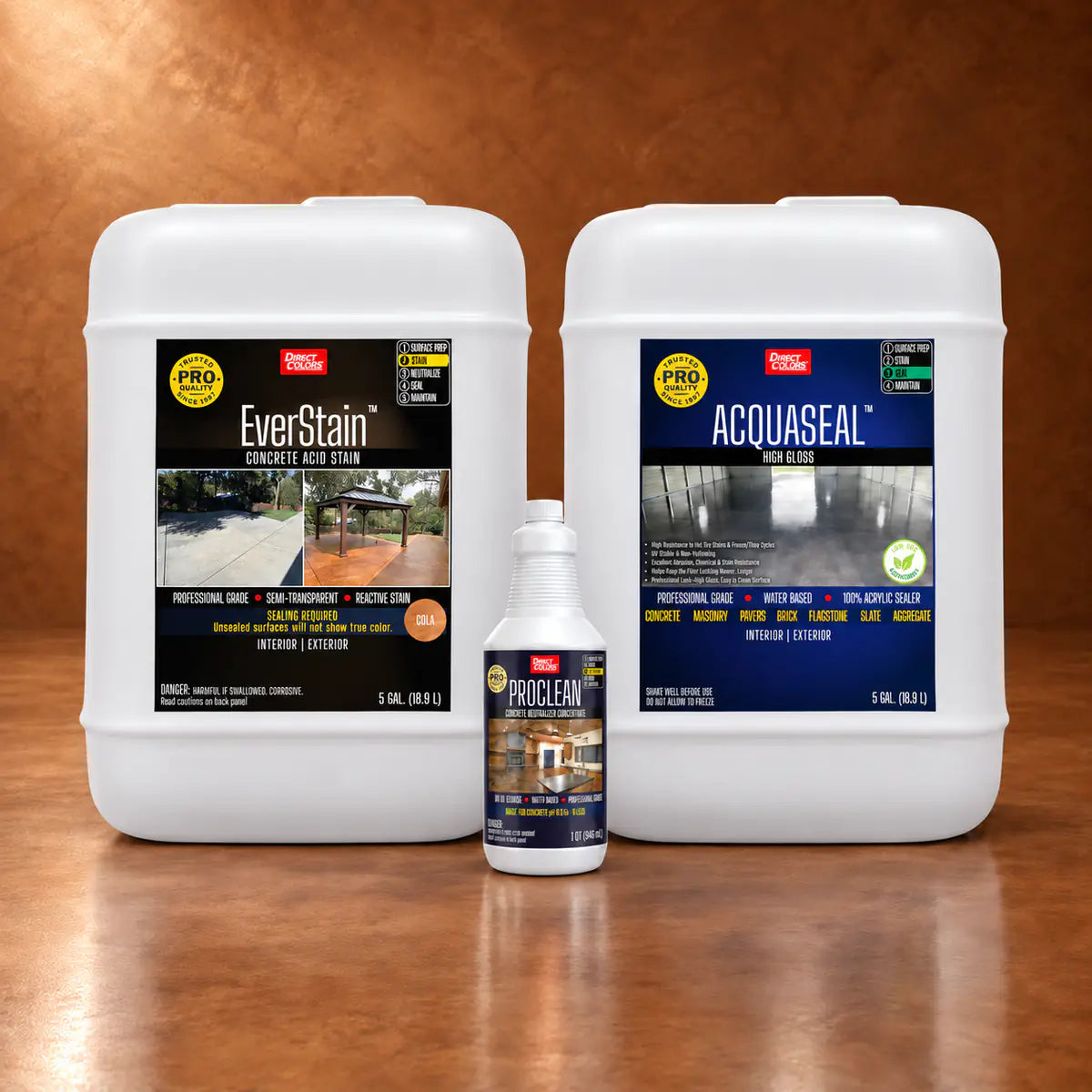 EverStain™ Acid Stain in Cola with ProClean Neutralizer™ and AcquaSeal™ High Gloss, 5 gallon 3-step kit