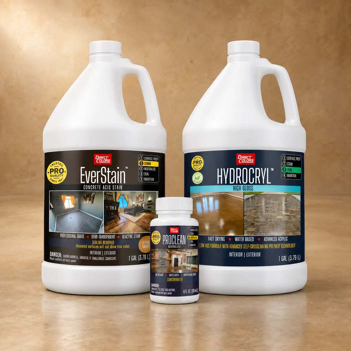 EverStain™ Acid Stain in Desert Amber with ProClean Neutralizer™ and HydroCryl™ High Gloss, 1 gallon 3-step kit