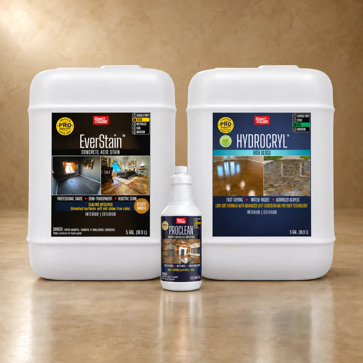 EverStain™ Acid Stain in Desert Amber with ProClean Neutralizer™ and HydroCryl™ High Gloss, 5 gallon 3-step kit