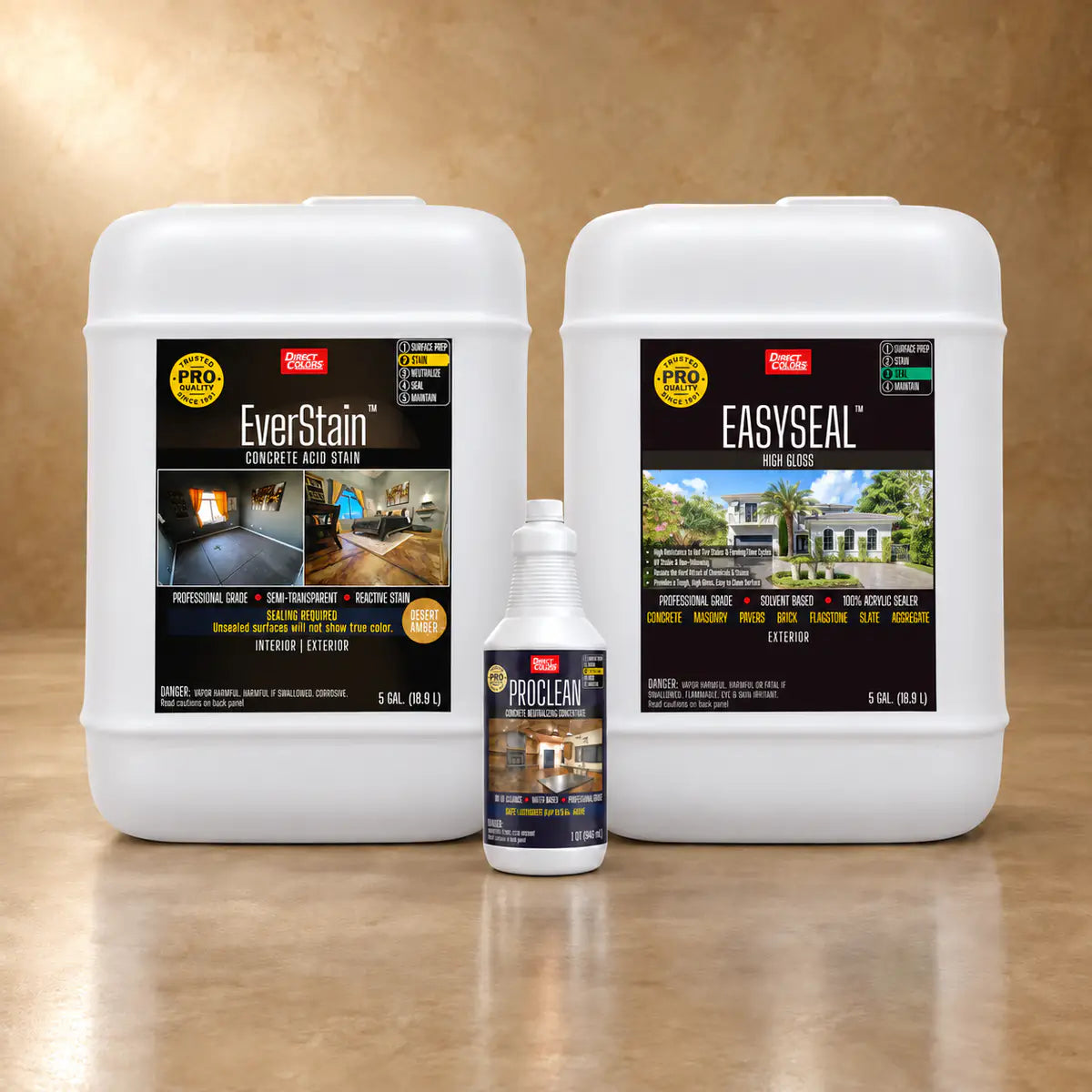 EverStain™ Acid Stain in Desert Amber with ProClean Neutralizer™ and EasySeal™ High Gloss, 5 gallon 3-step kit