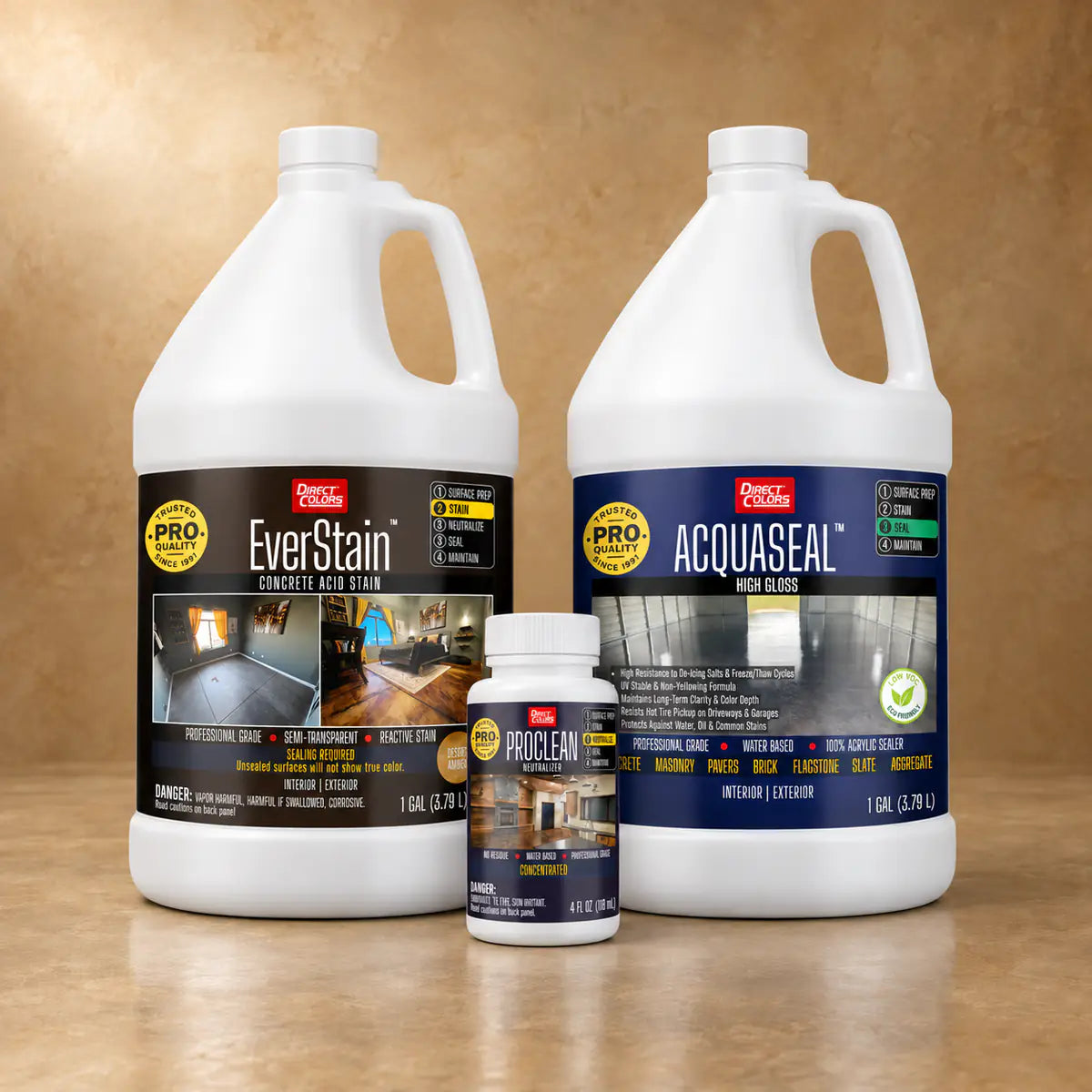 EverStain™ Acid Stain in Desert Amber with ProClean Neutralizer™ and AcquaSeal™ High Gloss, 1 gallon 3-step kit