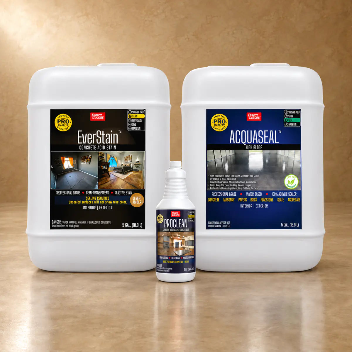 EverStain™ Acid Stain in Desert Amber with ProClean Neutralizer™ and AcquaSeal™ High Gloss, 5 gallon 3-step kit
