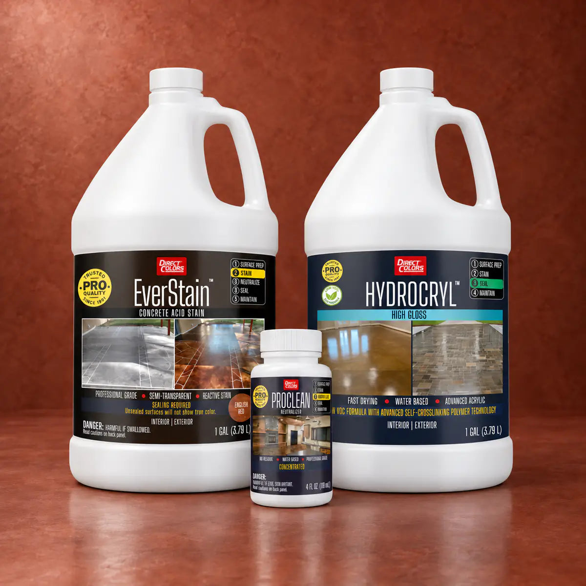 EverStain™ Acid Stain in English Red with ProClean Neutralizer™ and HydroCryl™ High Gloss, 1 gallon 3-step kit