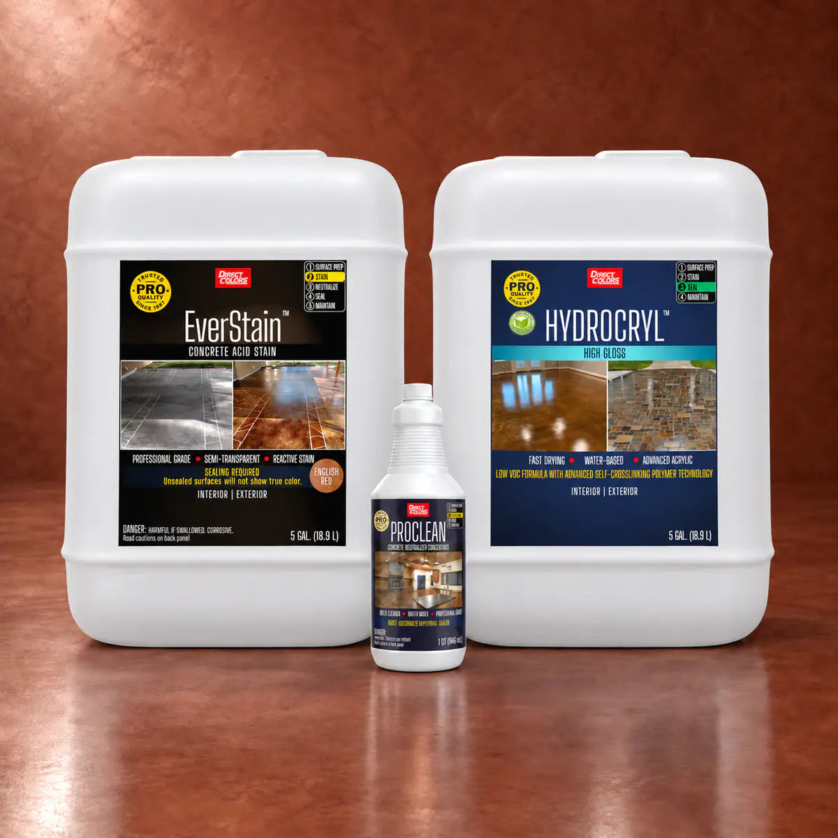 EverStain™ Acid Stain in English Red with ProClean Neutralizer™ and HydroCryl™ High Gloss, 5 gallon 3-step kit