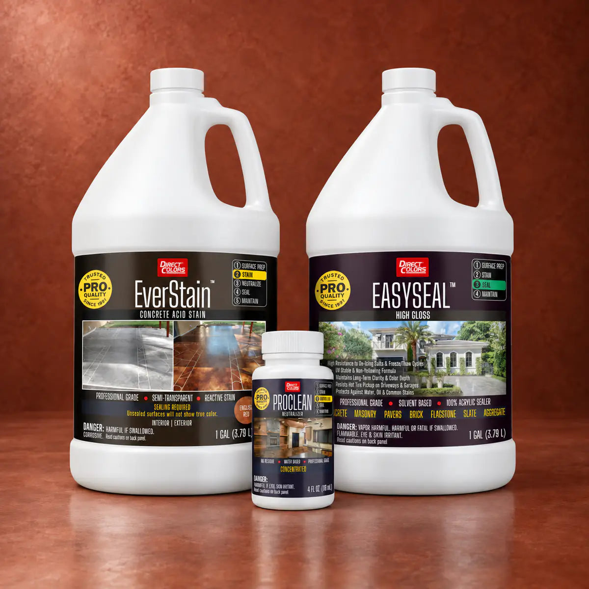 EverStain™ Acid Stain in English Red with ProClean Neutralizer™ and EasySeal™ High Gloss, 1 gallon 3-step kit