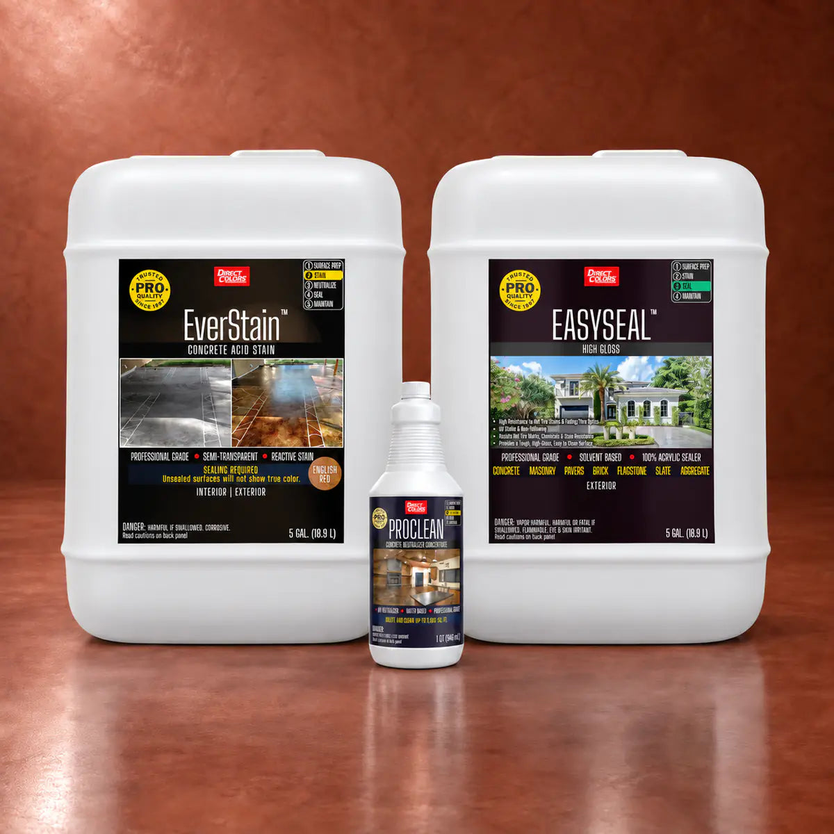 EverStain™ Acid Stain in English Red with ProClean Neutralizer™ and EasySeal™ High Gloss, 5 gallon 3-step kit