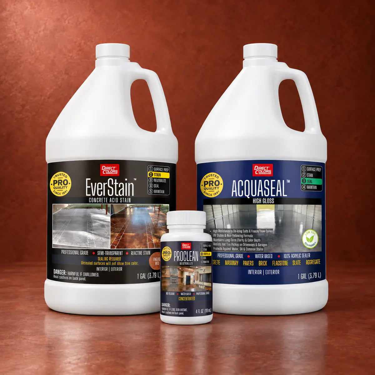 EverStain™ Acid Stain in English Red with ProClean Neutralizer™ and AcquaSeal™ High Gloss, 1 gallon 3-step kit
