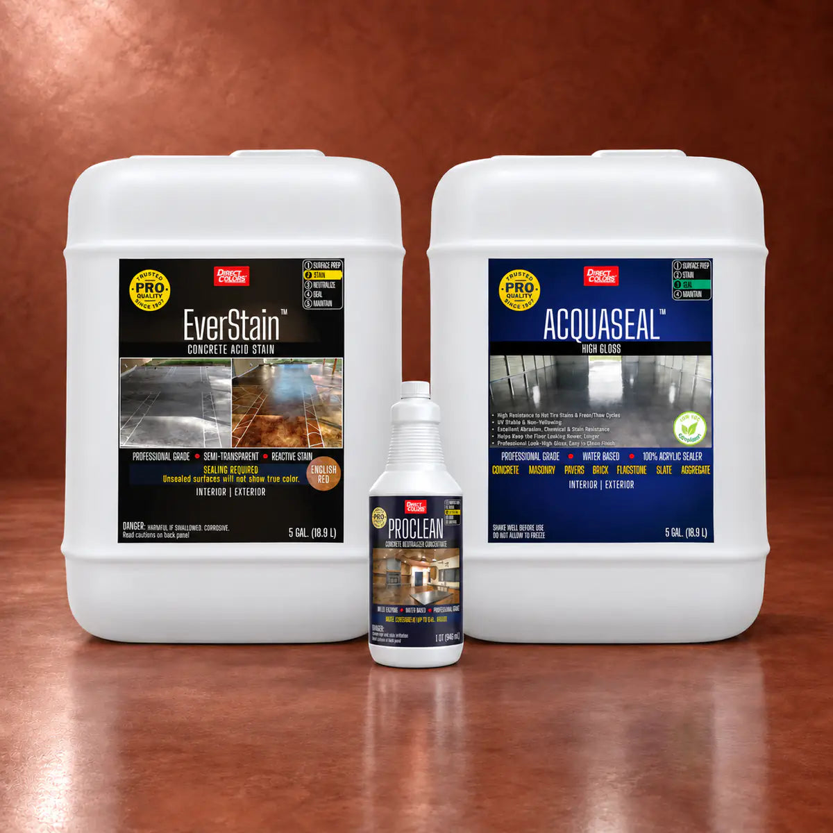 EverStain™ Acid Stain in English Red with ProClean Neutralizer™ and AcquaSeal™ High Gloss, 5 gallon 3-step kit