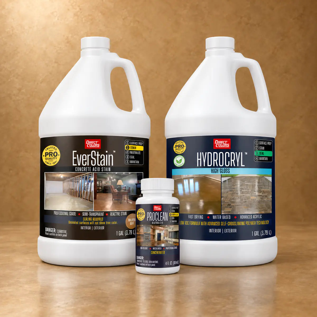 EverStain™ Acid Stain in Malayan Buff with ProClean Neutralizer™ and HydroCryl™ High Gloss, 1 gallon 3-step kit