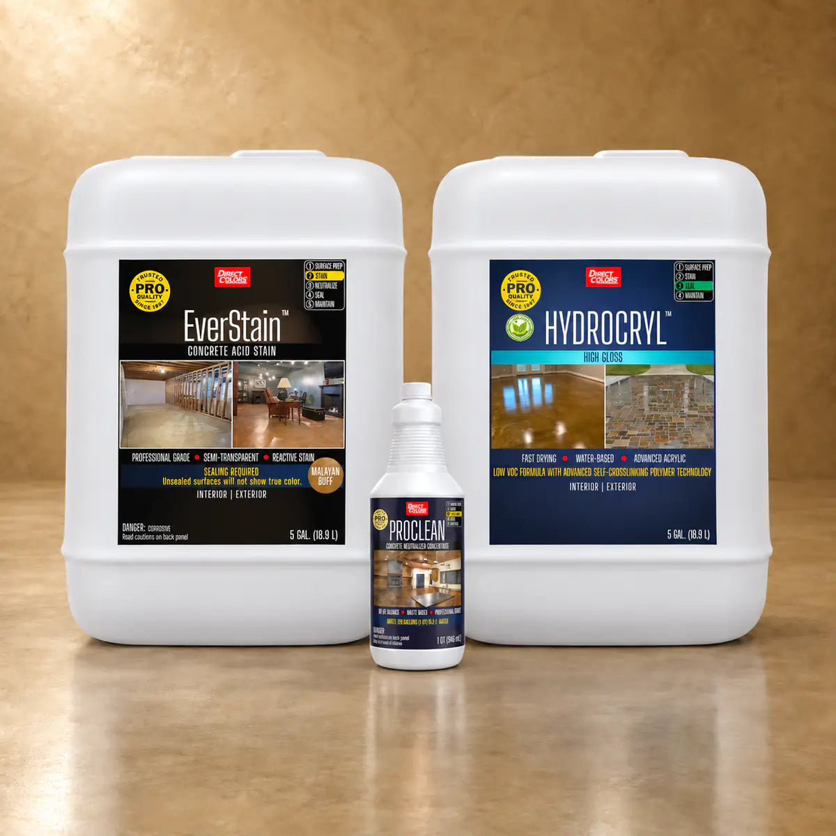 EverStain™ Acid Stain in Malayan Buff with ProClean Neutralizer™ and HydroCryl™ High Gloss, 5 gallon 3-step kit