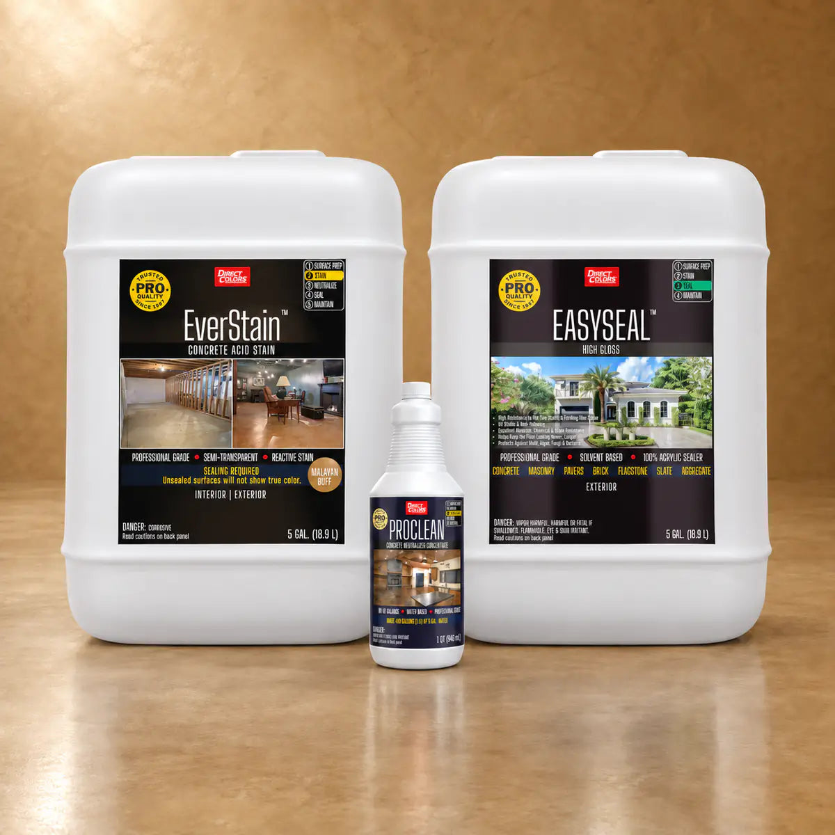 EverStain™ Acid Stain in Malayan Buff with ProClean Neutralizer™ and EasySeal™ High Gloss, 5 gallon 3-step kit
