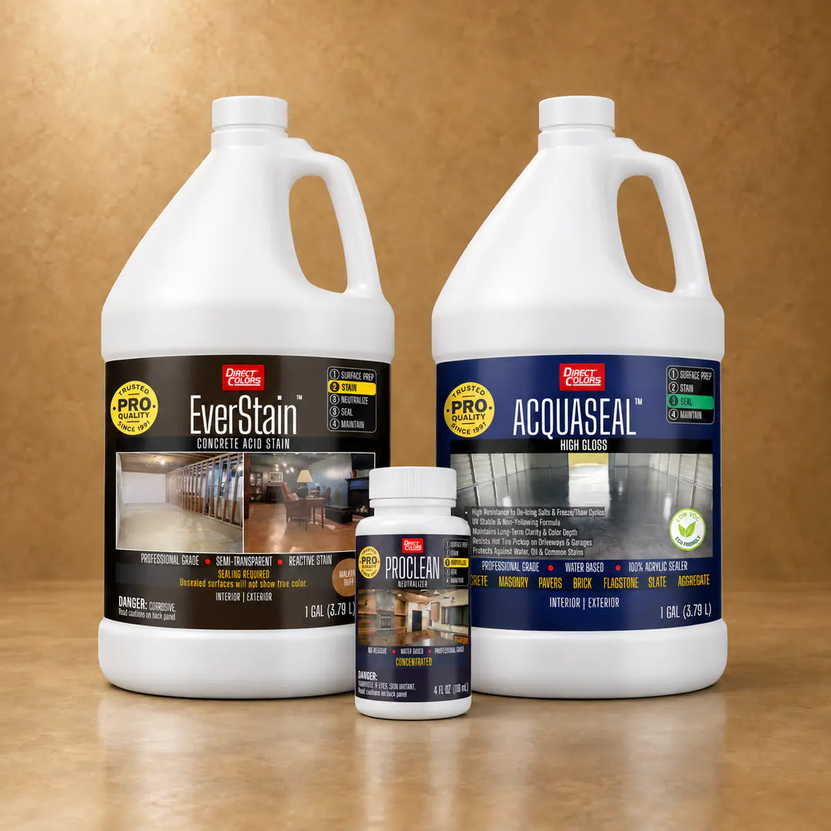 EverStain™ Acid Stain in Malayan Buff with ProClean Neutralizer™ and AcquaSeal™ High Gloss, 1 gallon 3-step kit