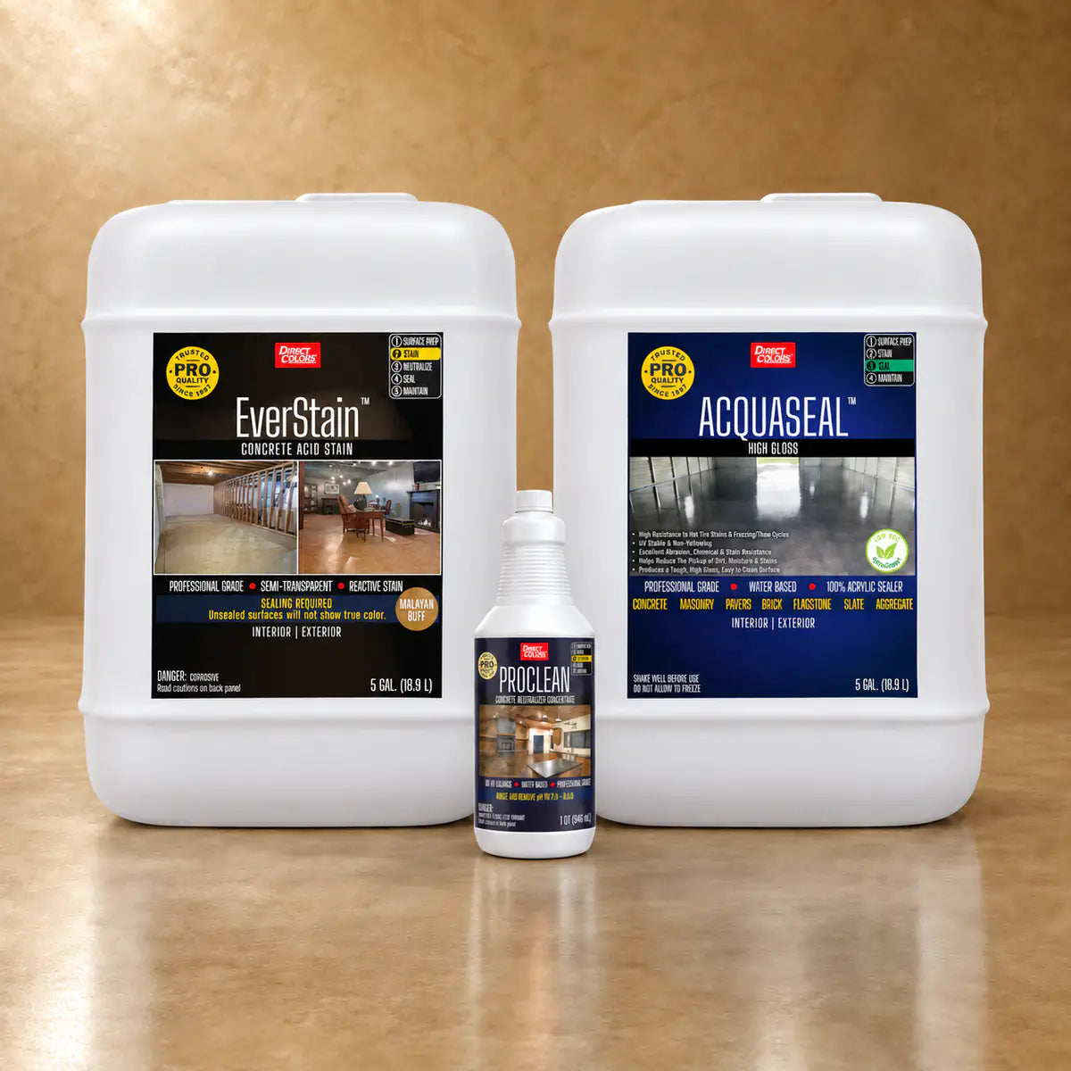 EverStain™ Acid Stain in Malayan Buff with ProClean Neutralizer™ and AcquaSeal™ High Gloss, 5 gallon 3-step kit