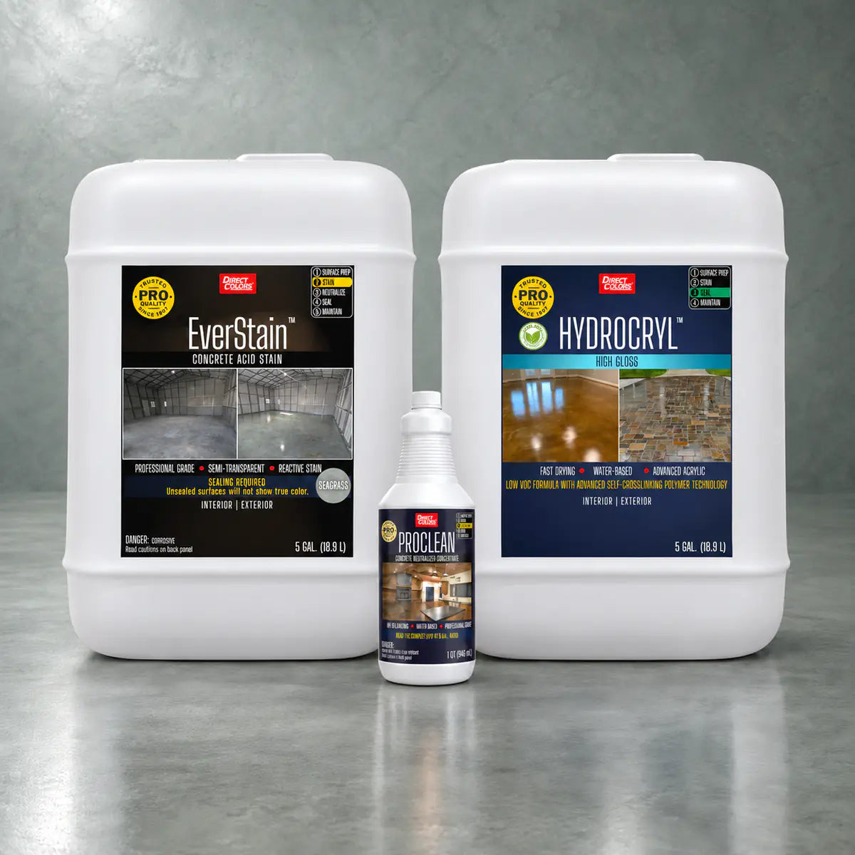 EverStain™ Acid Stain in Seagrass with ProClean Neutralizer™ and HydroCryl™ High Gloss, 5 gallon 3-step kit