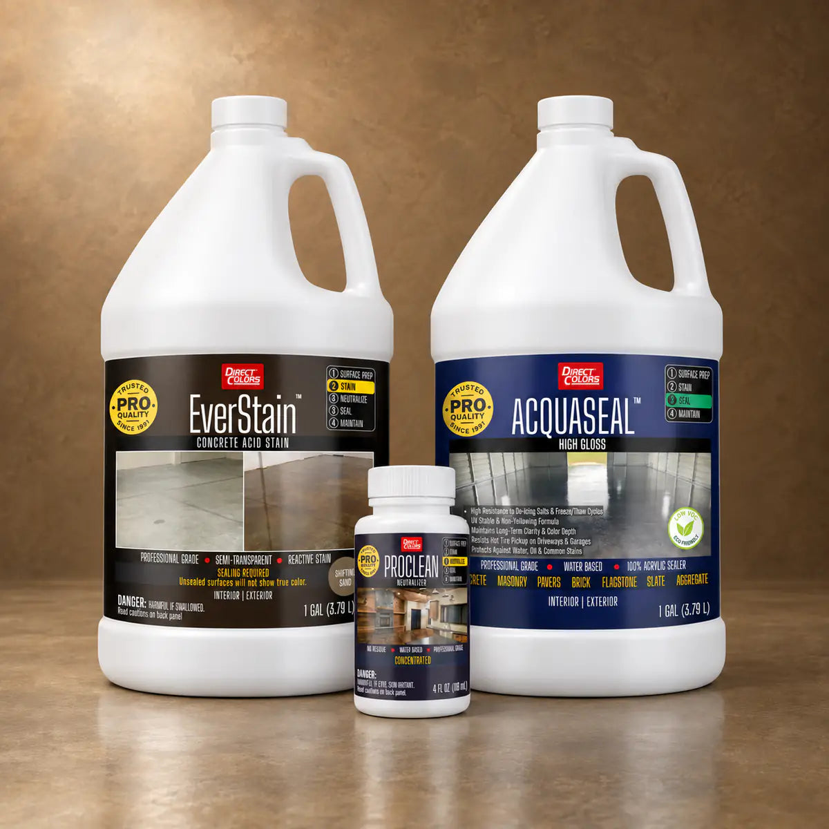 EverStain™ Acid Stain in Shifting Sand with ProClean Neutralizer™ and AcquaSeal™ High Gloss, 1 gallon 3-step kit
