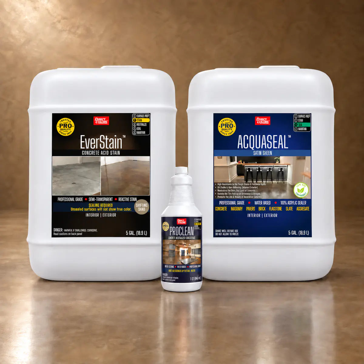 EverStain™ Acid Stain in Shifting Sand with ProClean Neutralizer™ and AcquaSeal™ Satin, 5 gallon 3-step kit