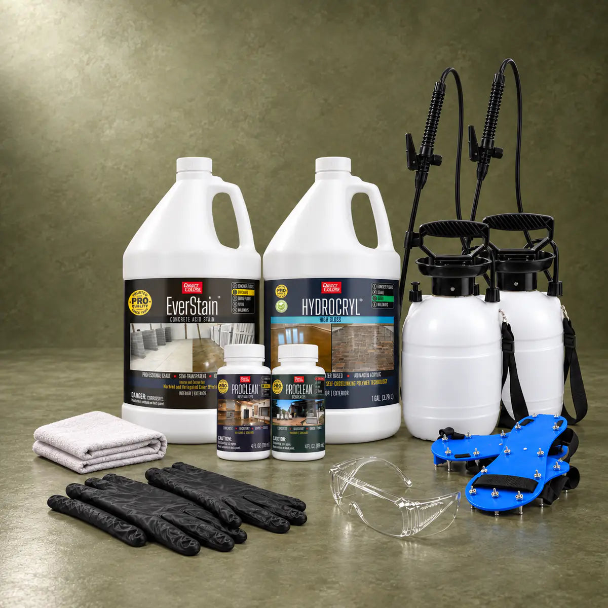 EverStain™ Acid Stain in Avocado with ProClean Neutralizer™ and HydroCryl™ High Gloss, a pump sprayer and application tools, 1 gallon 3-step kit
