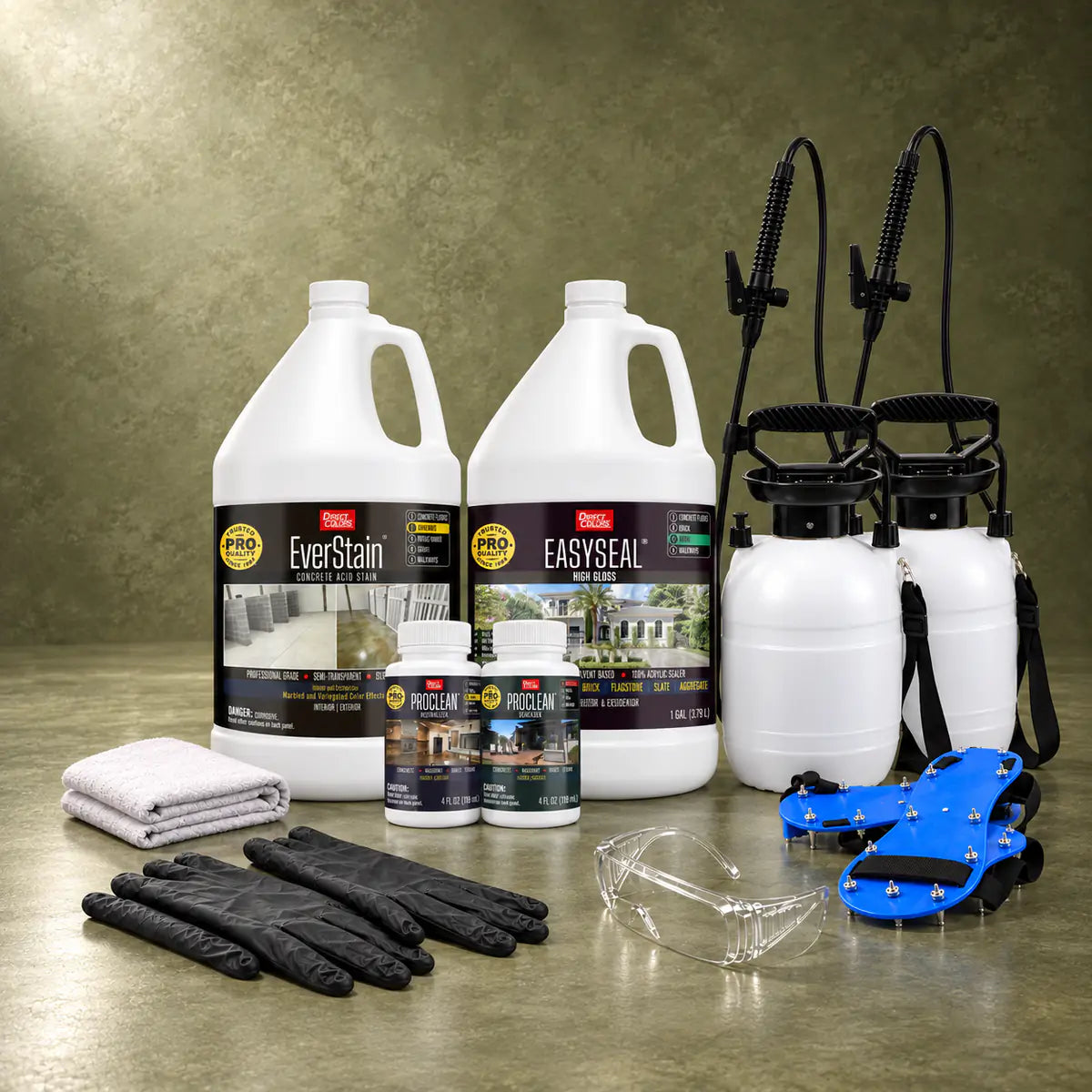 EverStain™ Acid Stain in Avocado with ProClean Neutralizer™ and EasySeal™ High Gloss, a pump sprayer and application tools, 1 gallon 3-step kit