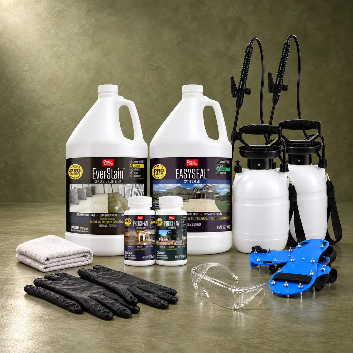 EverStain™ Acid Stain in Avocado with ProClean Neutralizer™ and EasySeal™ Satin, a pump sprayer and application tools, 1 gallon 3-step kit