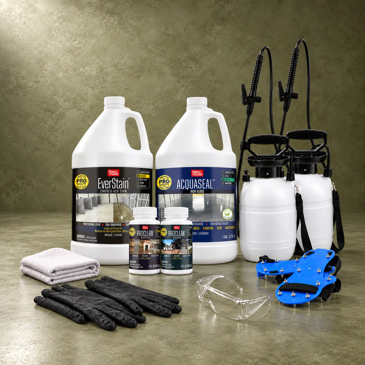 EverStain™ Acid Stain in Avocado with ProClean Neutralizer™ and AcquaSeal™ High Gloss, a pump sprayer and application tools, 1 gallon 3-step kit