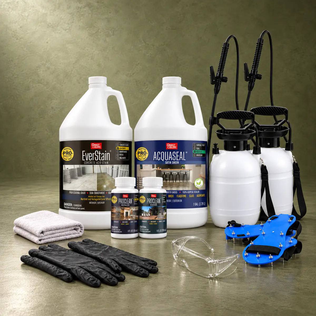 EverStain™ Acid Stain in Avocado with ProClean Neutralizer™ and AcquaSeal™ Satin, a pump sprayer and application tools, 1 gallon 3-step kit