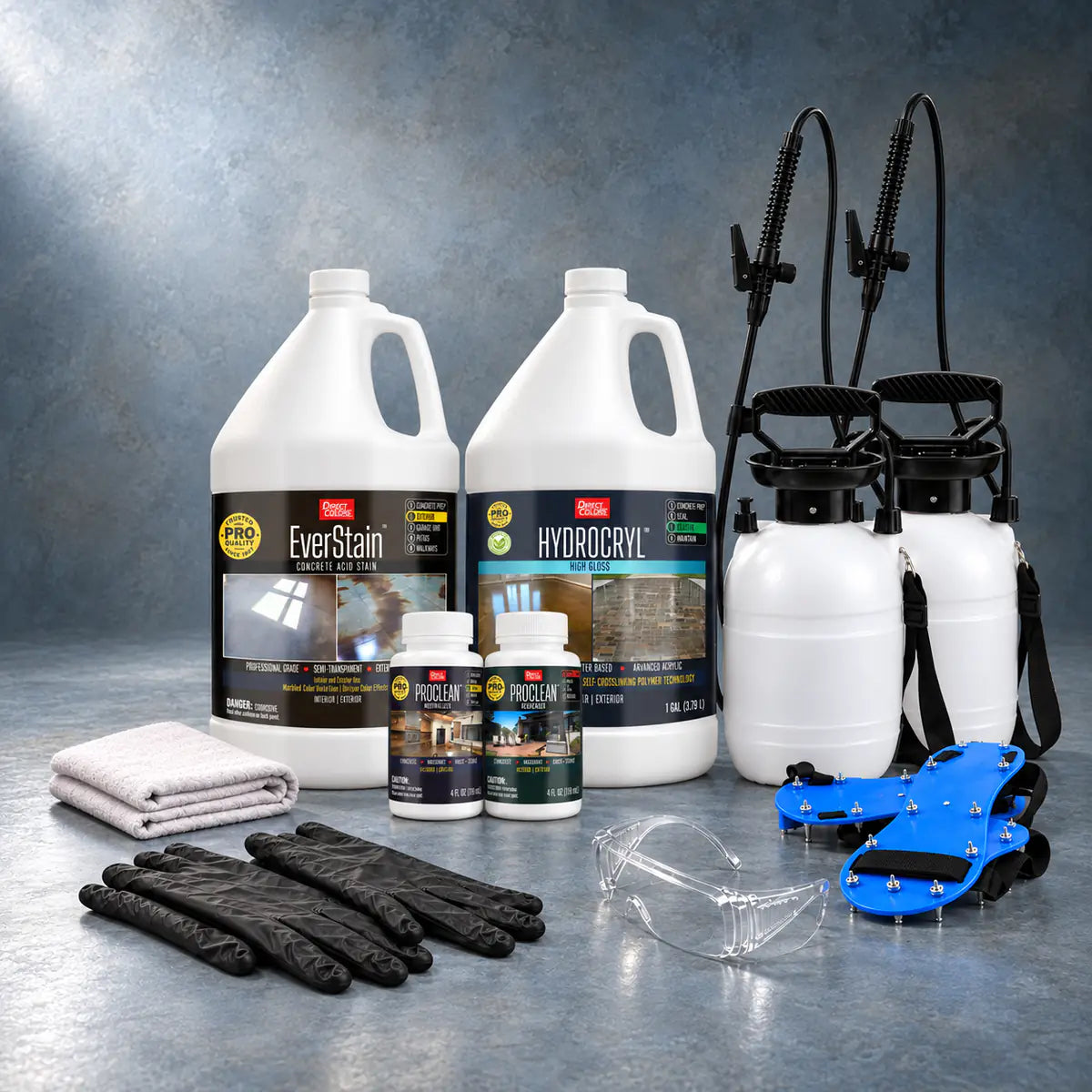 EverStain™ Acid Stain in Azure Blue with ProClean Neutralizer™ and HydroCryl™ High Gloss, a pump sprayer and application tools, 1 gallon 3-step kit