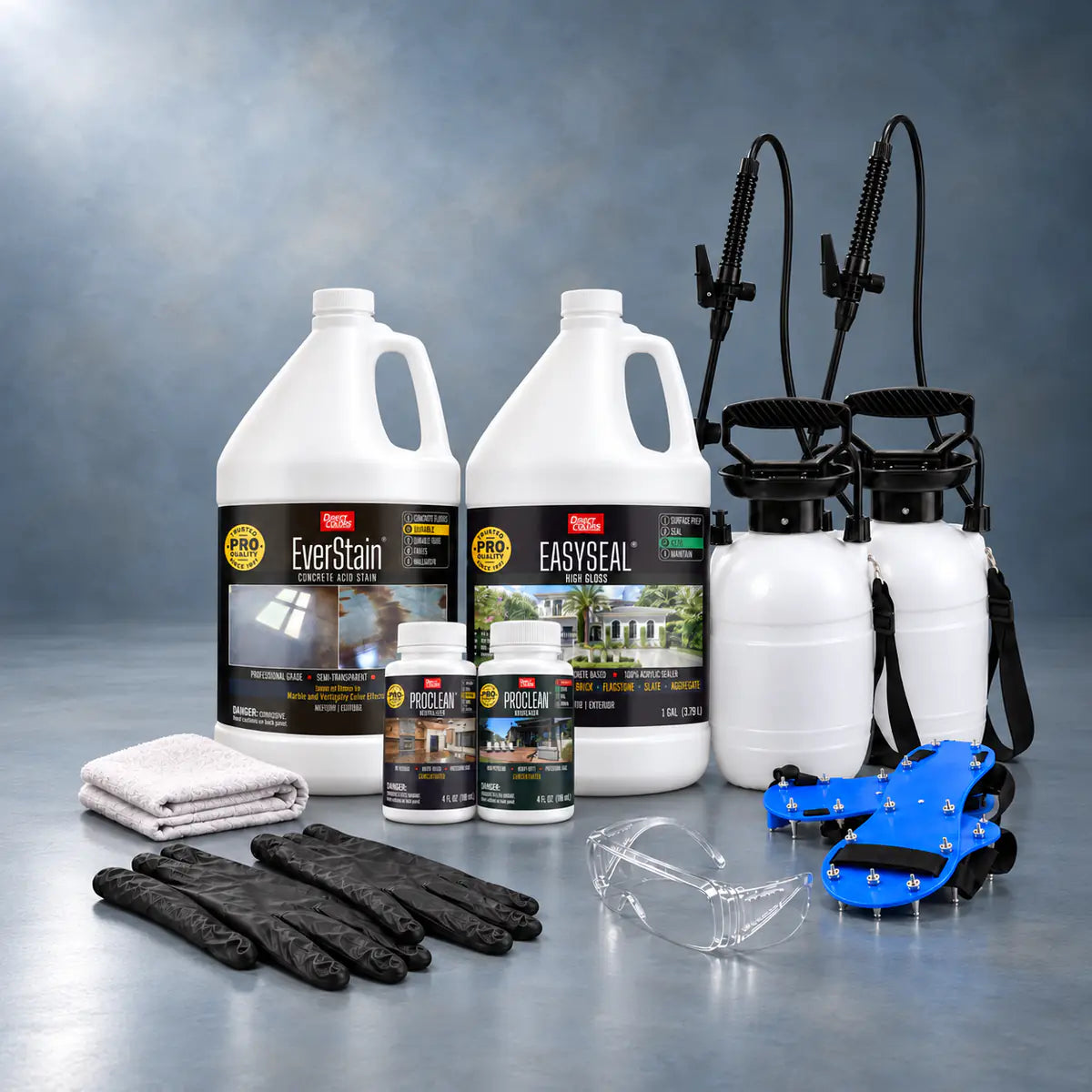 EverStain™ Acid Stain in Azure Blue with ProClean Neutralizer™ and EasySeal™ High Gloss, a pump sprayer and application tools, 1 gallon 3-step kit