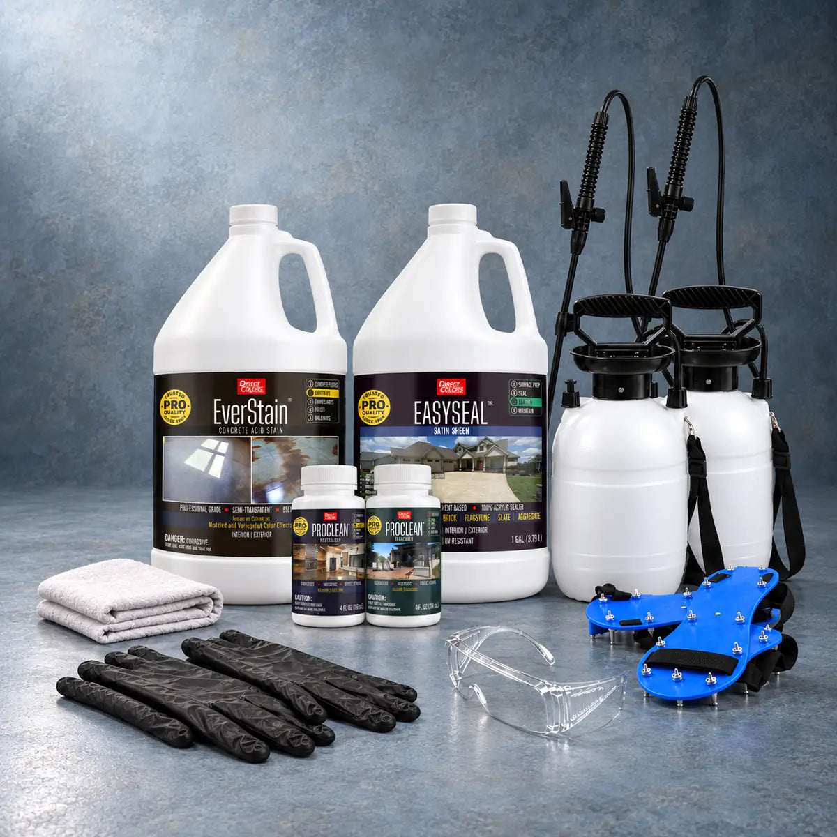 EverStain™ Acid Stain in Azure Blue with ProClean Neutralizer™ and EasySeal™ Satin, a pump sprayer and application tools, 1 gallon 3-step kit