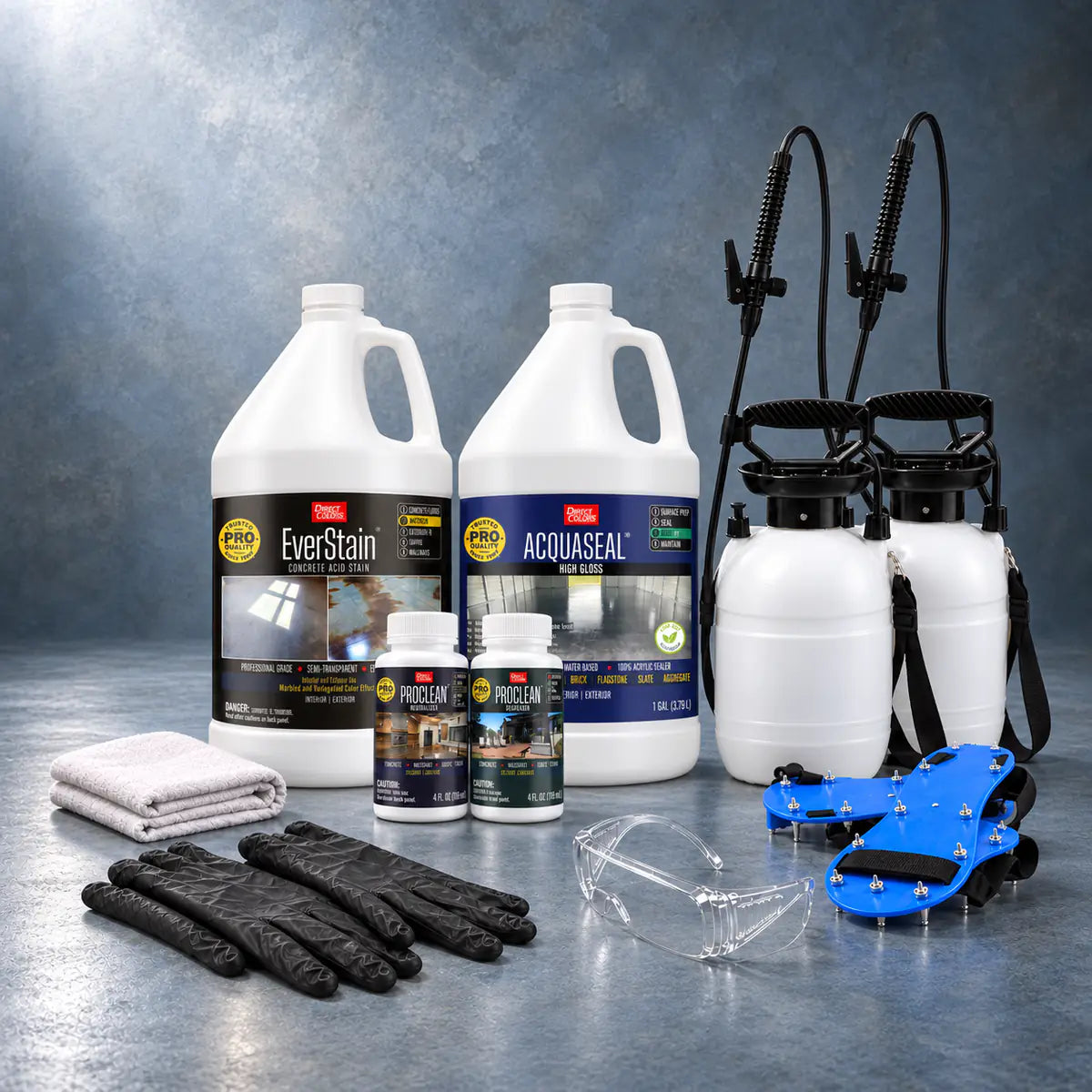 EverStain™ Acid Stain in Azure Blue with ProClean Neutralizer™ and AcquaSeal™ High Gloss, a pump sprayer and application tools, 1 gallon 3-step kit