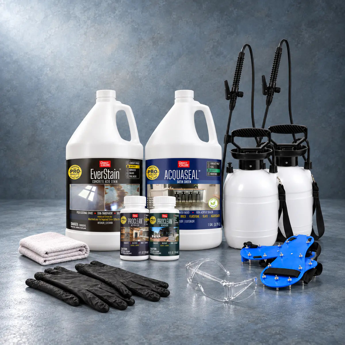 EverStain™ Acid Stain in Azure Blue with ProClean Neutralizer™ and AcquaSeal™ Satin, a pump sprayer and application tools, 1 gallon 3-step kit