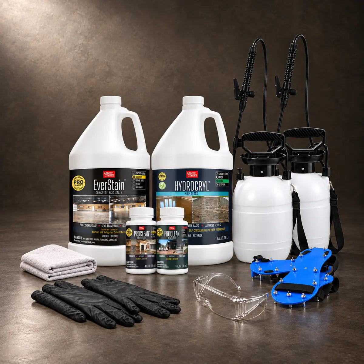 EverStain™ Acid Stain in Blackish with ProClean Neutralizer™ and HydroCryl™ High Gloss, a pump sprayer and application tools, 1 gallon 3-step kit