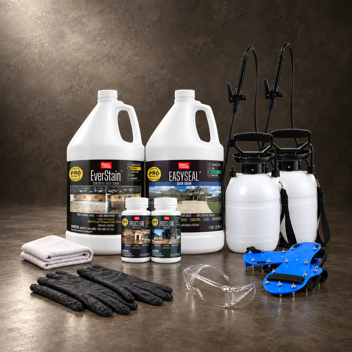 EverStain™ Acid Stain in Blackish with ProClean Neutralizer™ and EasySeal™ Satin, a pump sprayer and application tools, 1 gallon 3-step kit
