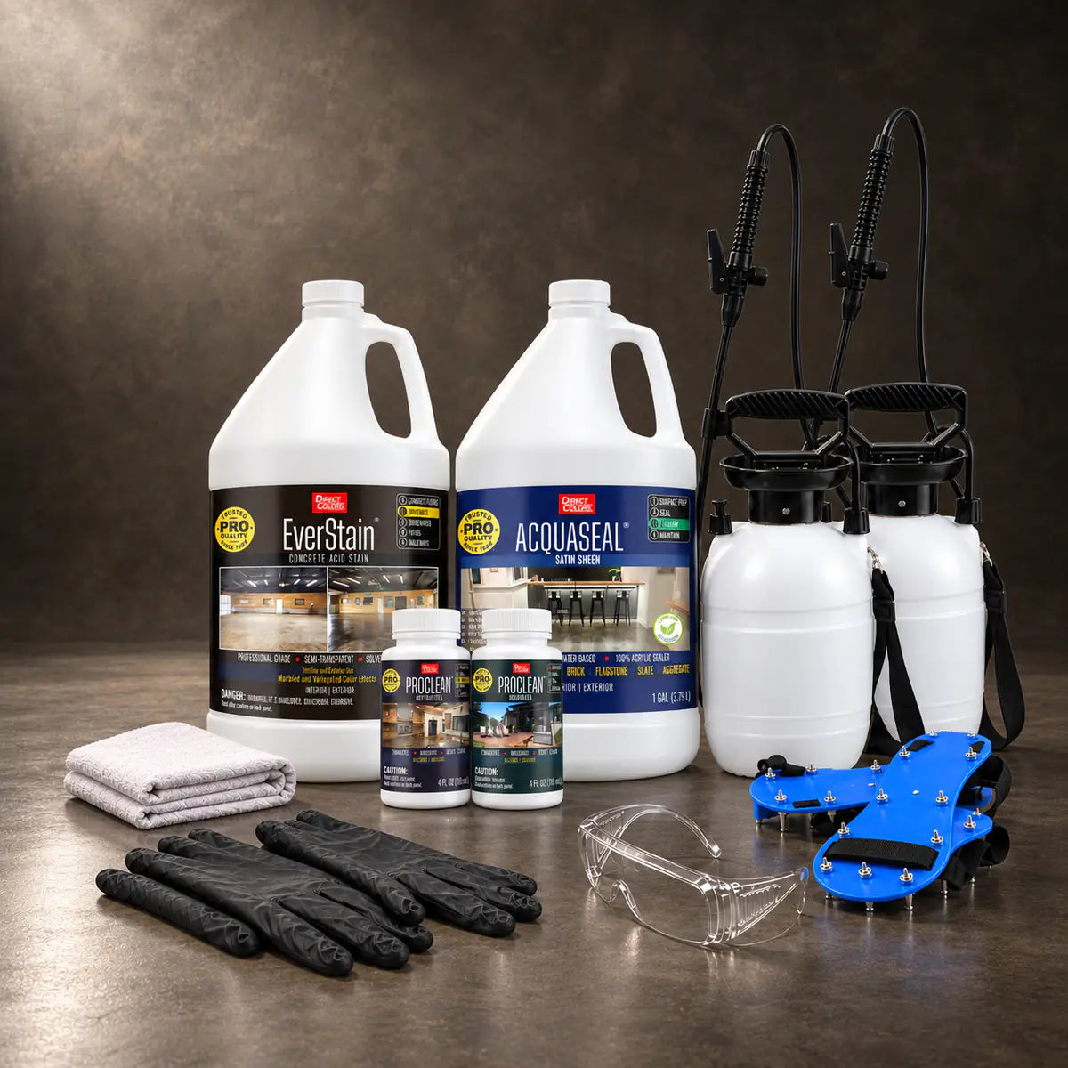 EverStain™ Acid Stain in Blackish with ProClean Neutralizer™ and AcquaSeal™ Satin, a pump sprayer and application tools, 1 gallon 3-step kit