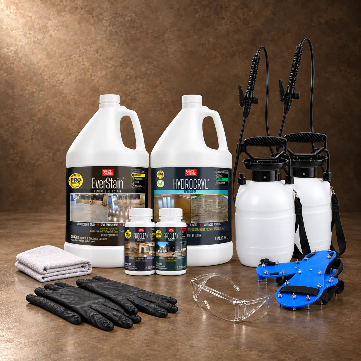 EverStain™ Acid Stain in Coffee Brown with ProClean Neutralizer™ and HydroCryl™ High Gloss, a pump sprayer and application tools, 1 gallon 3-step kit