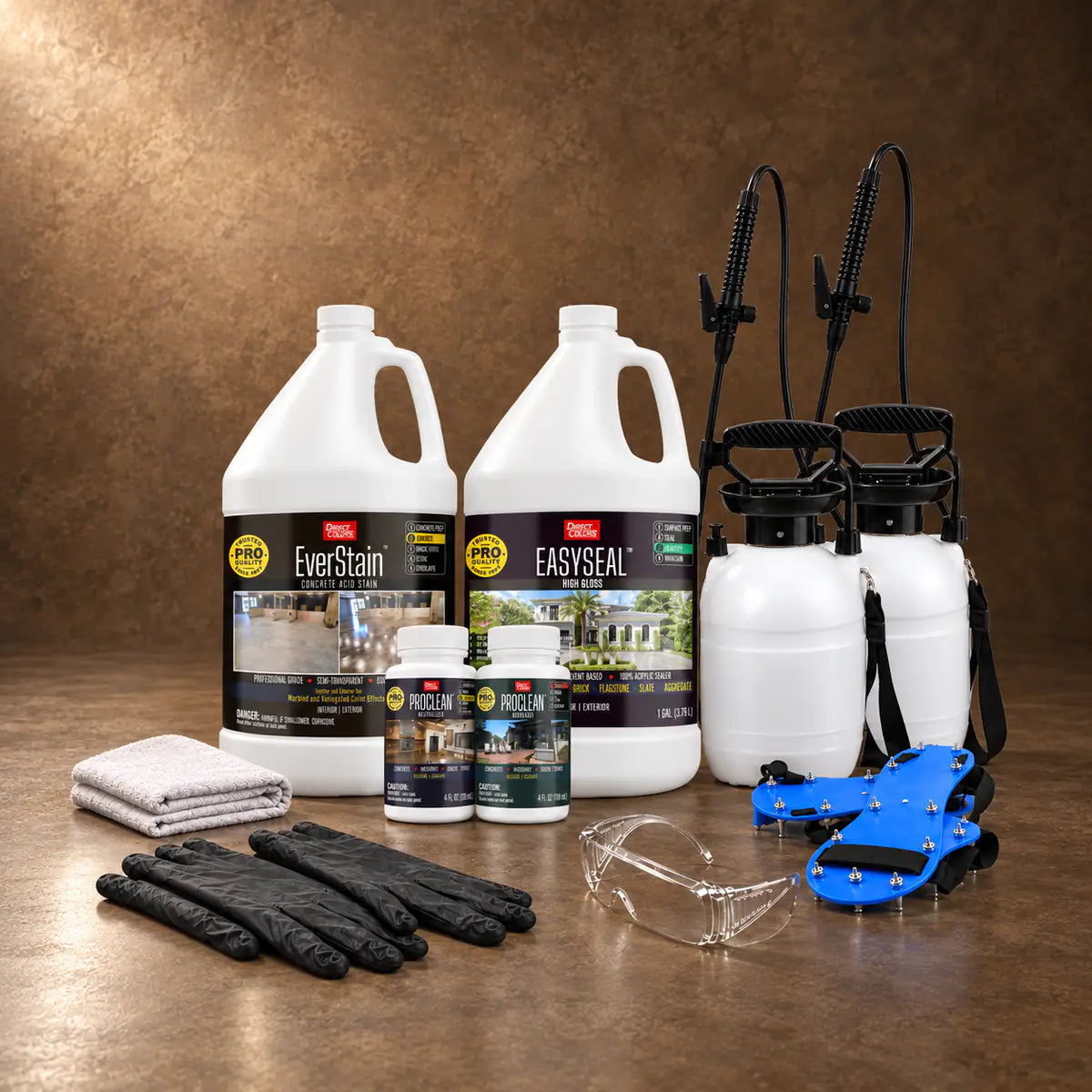 EverStain™ Acid Stain in Coffee Brown with ProClean Neutralizer™ and EasySeal™ High Gloss, a pump sprayer and application tools, 1 gallon 3-step kit