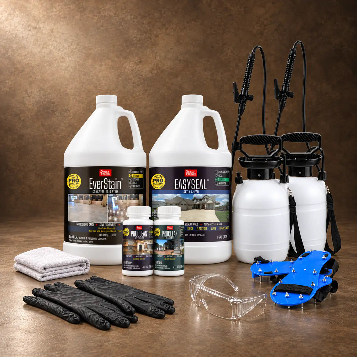 EverStain™ Acid Stain in Coffee Brown with ProClean Neutralizer™ and EasySeal™ Satin, a pump sprayer and application tools, 1 gallon 3-step kit