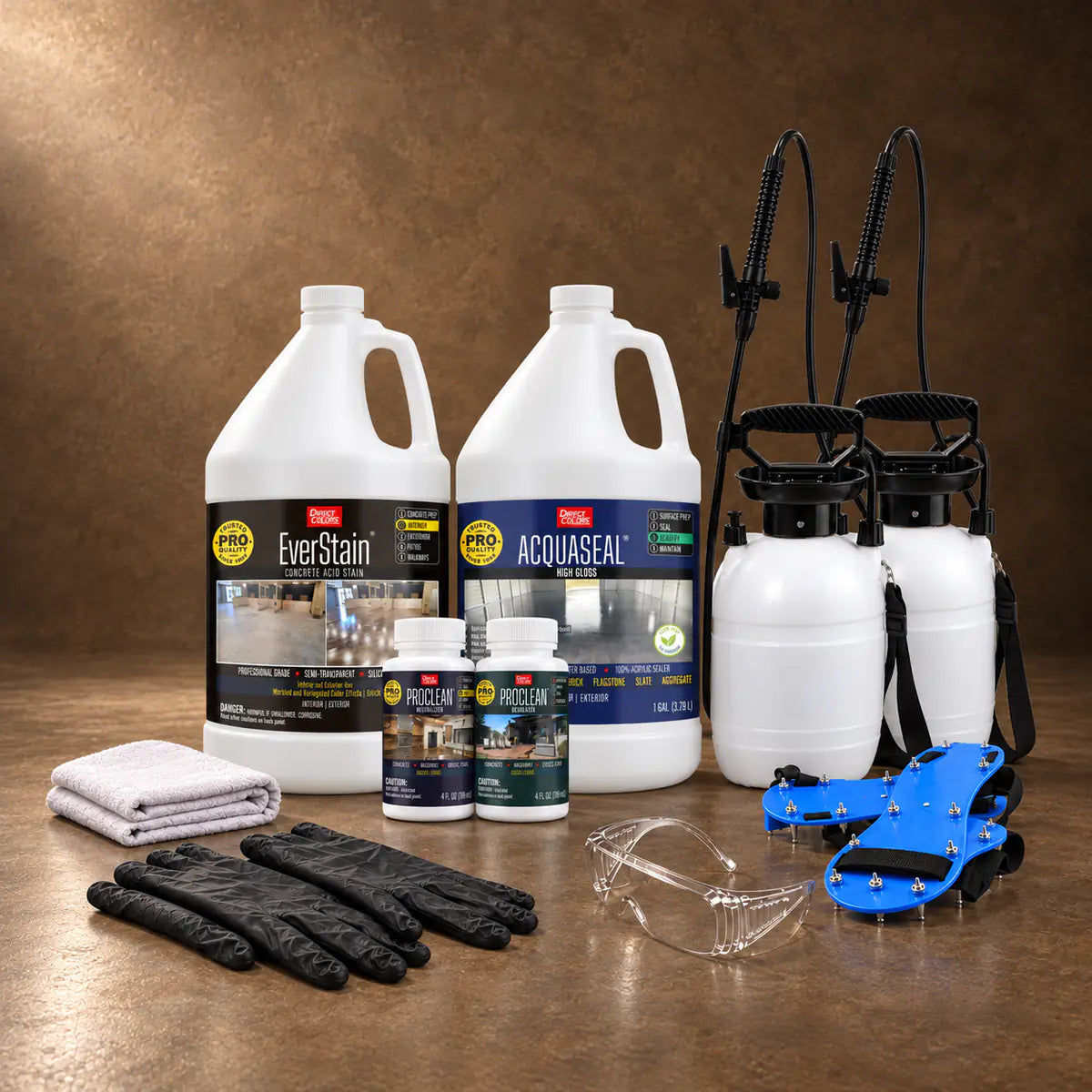 EverStain™ Acid Stain in Coffee Brown with ProClean Neutralizer™ and AcquaSeal™ High Gloss, a pump sprayer and application tools, 1 gallon 3-step kit