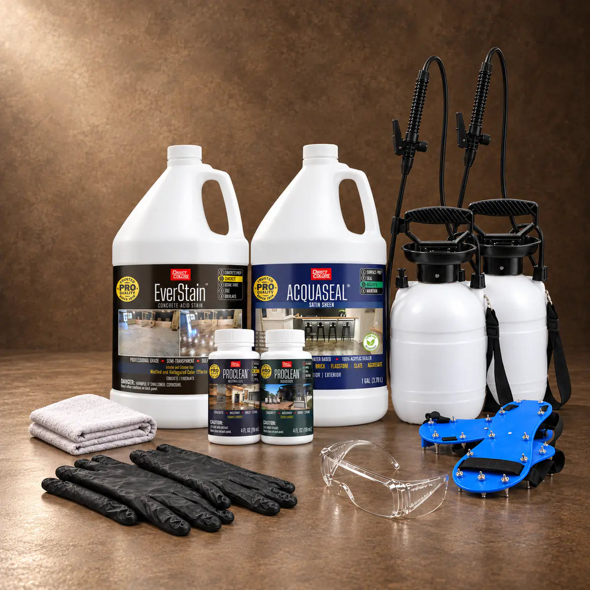 EverStain™ Acid Stain in Coffee Brown with ProClean Neutralizer™ and AcquaSeal™ Satin, a pump sprayer and application tools, 1 gallon 3-step kit
