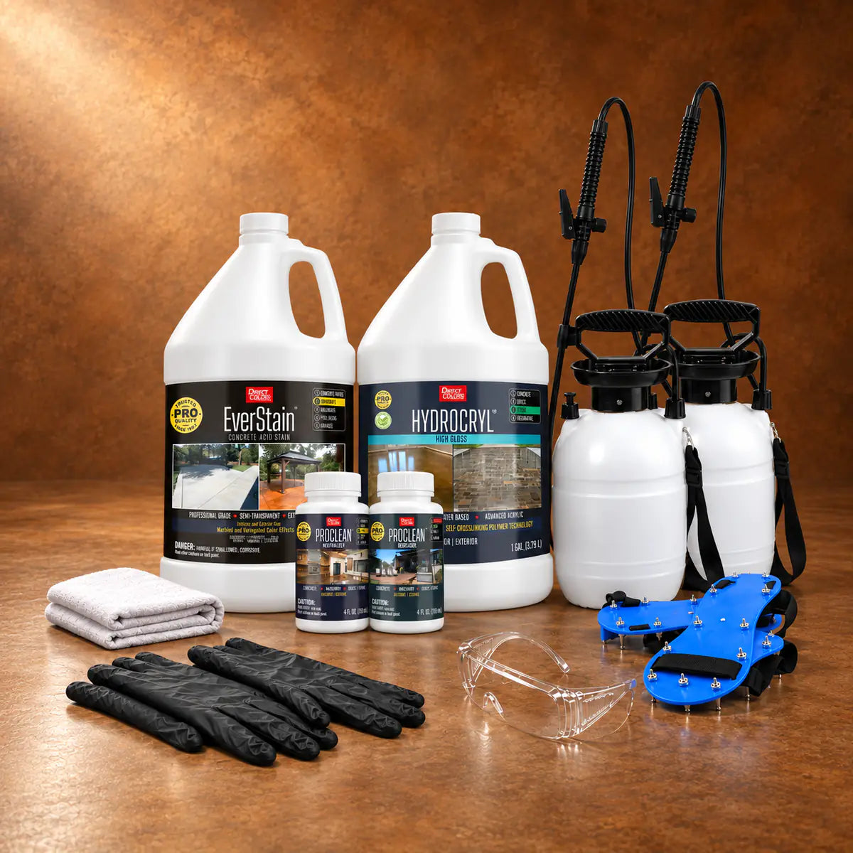 EverStain™ Acid Stain in Cola with ProClean Neutralizer™ and HydroCryl™ High Gloss, a pump sprayer and application tools 3-step kit