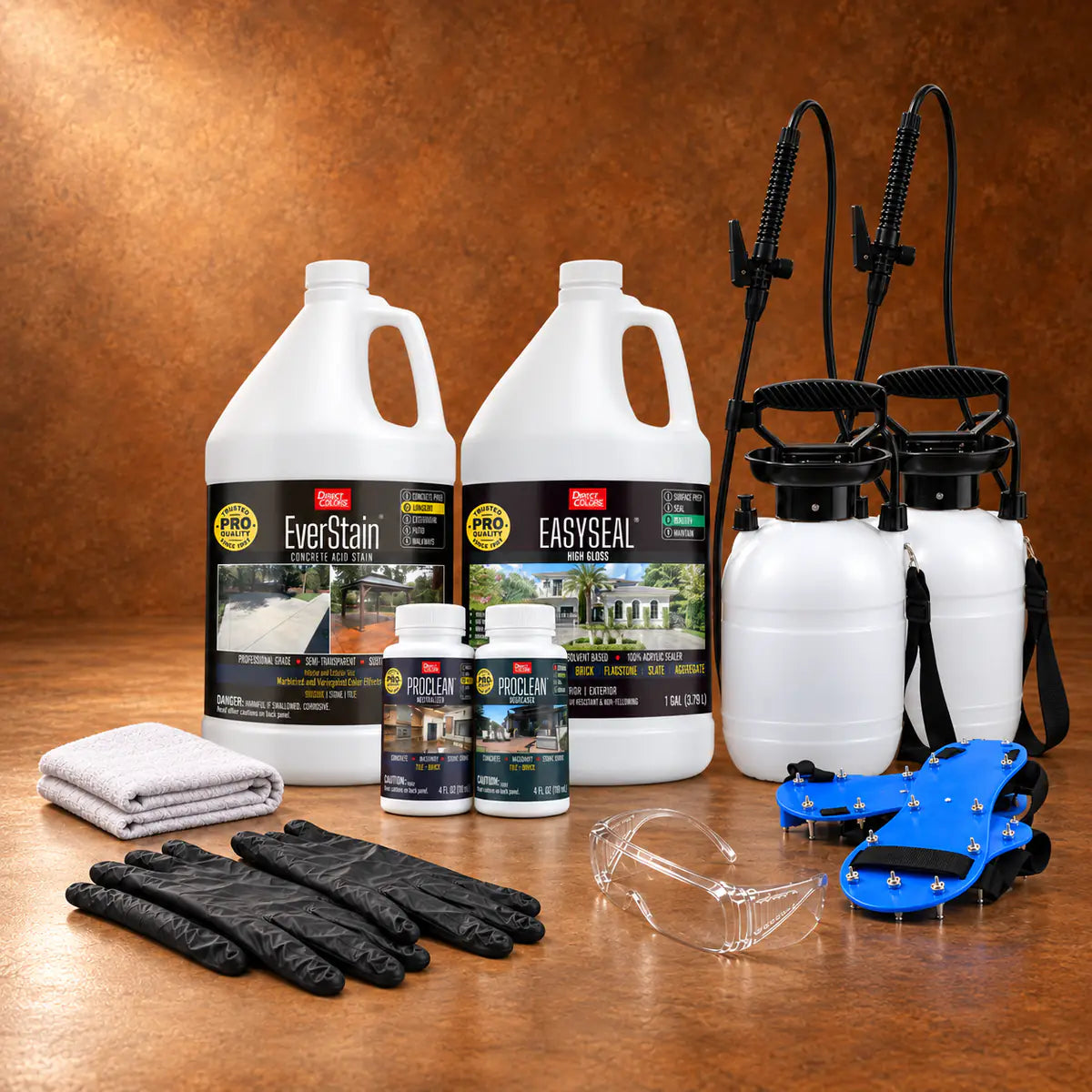 EverStain™ Acid Stain in Cola with ProClean Neutralizer™ and EasySeal™ High Gloss, a pump sprayer and application tools, 1 gallon 3-step kit