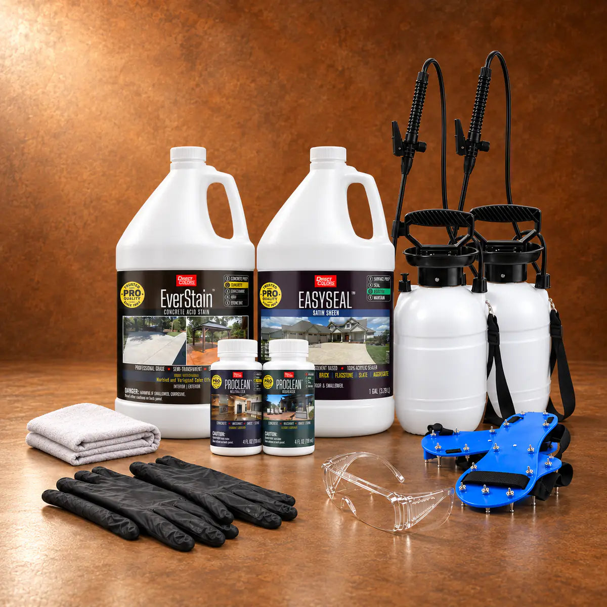 EverStain™ Acid Stain in Cola with ProClean Neutralizer™ and EasySeal™ Satin, a pump sprayer and application tools, 1 gallon 3-step kit